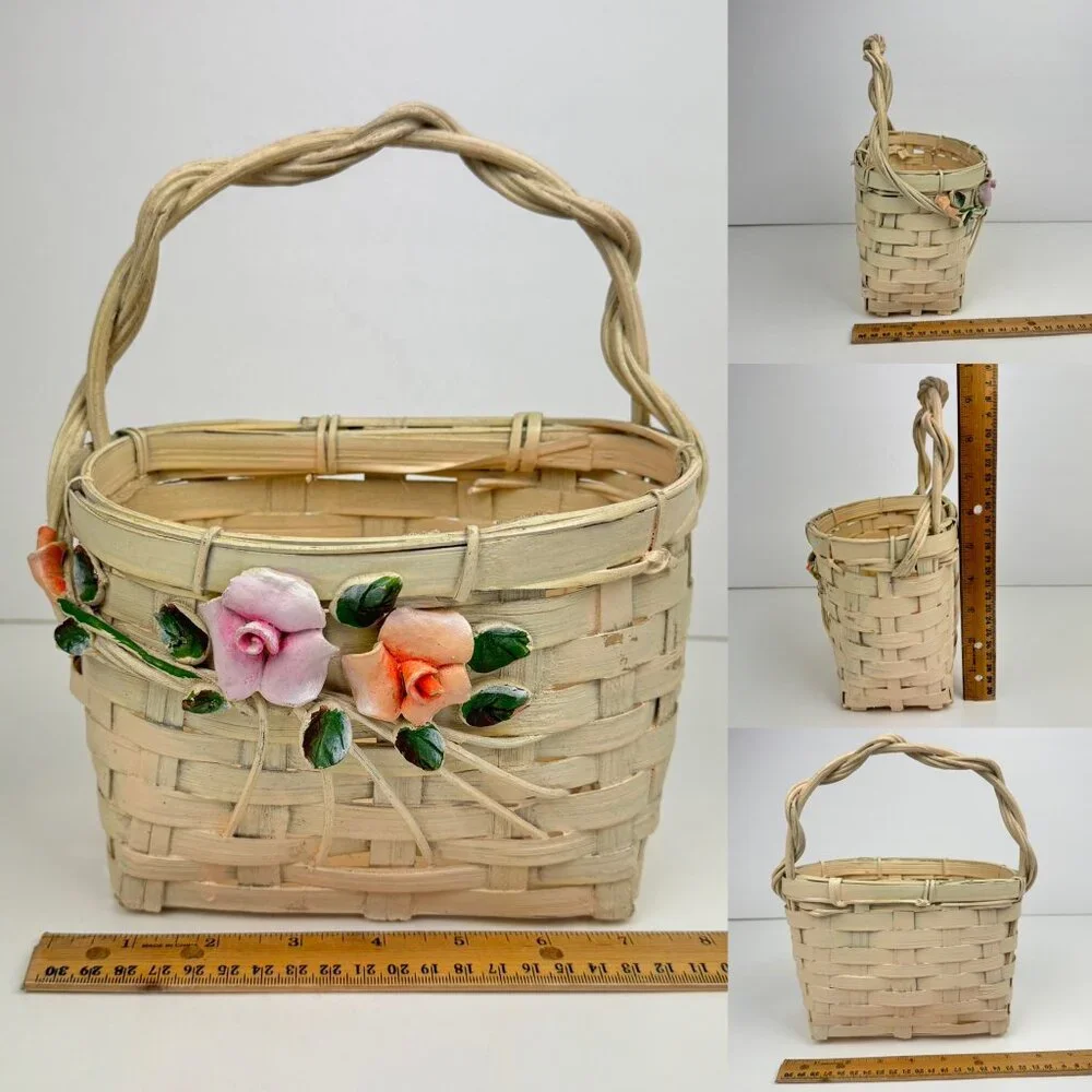 Vtg Wall Basket White Wicker Flowers Rose Green‎ Leaves Hard Rustic Wedding READ